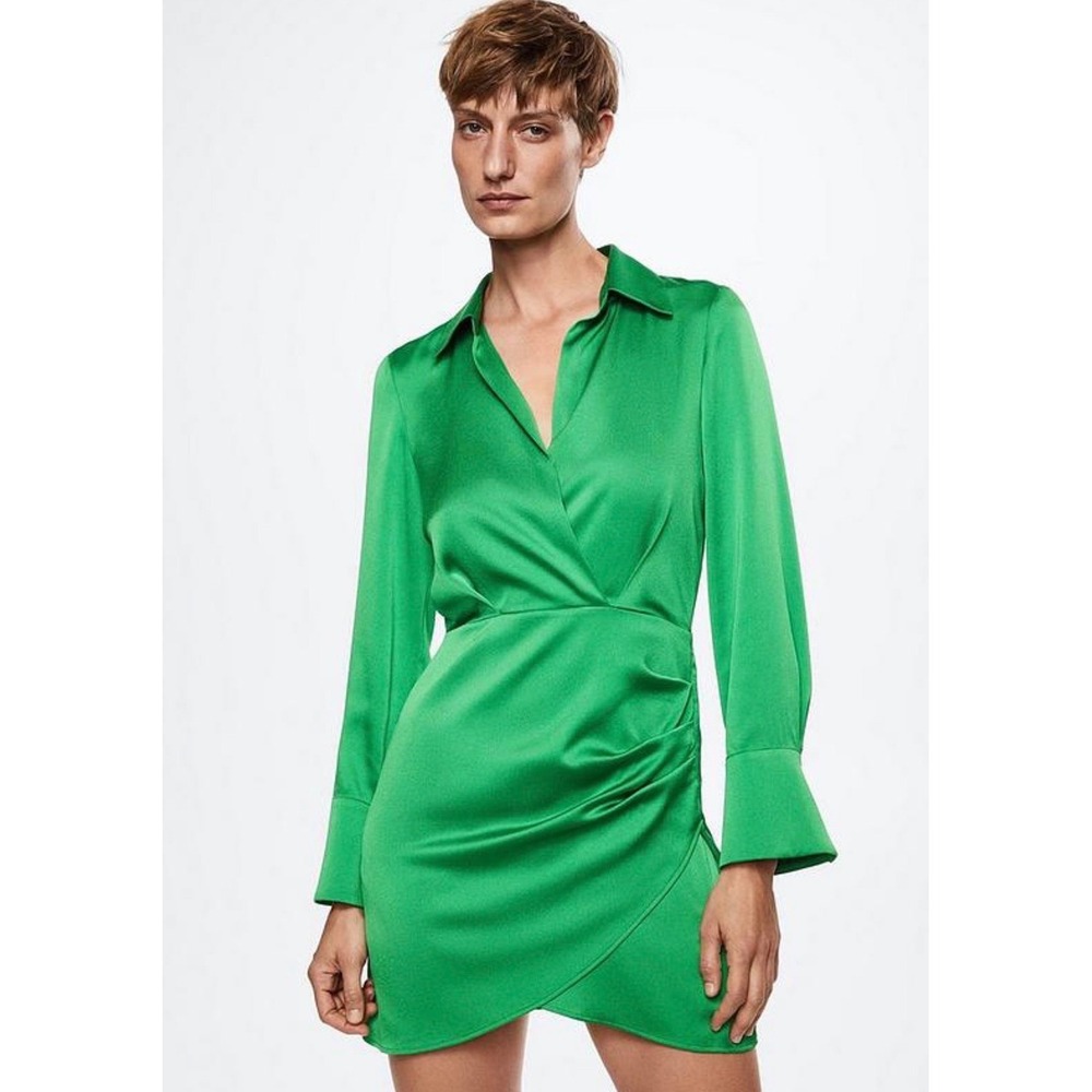 Mango Green Satin Wrap Mini Dress‎ Collared Long Sleeve Ruched Cocktail Party